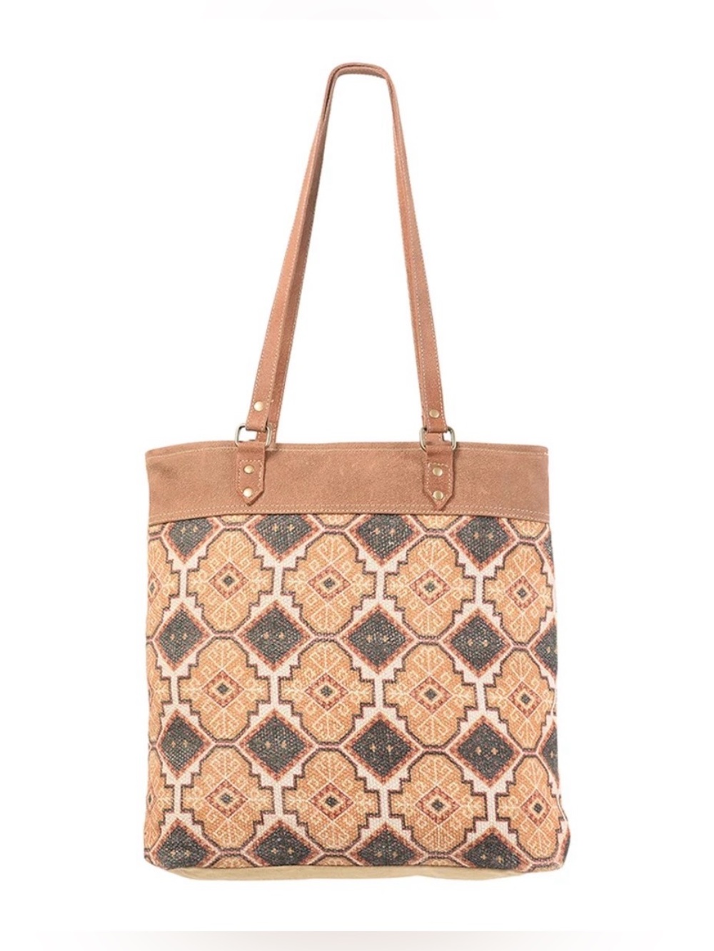 Western Tote Neutral Tapestry Tote Bag with Brown Trim